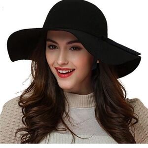 Wool Floppy Boho Wide Brim Hat Black Felted 100% Wool Preppy Bohemian One Size